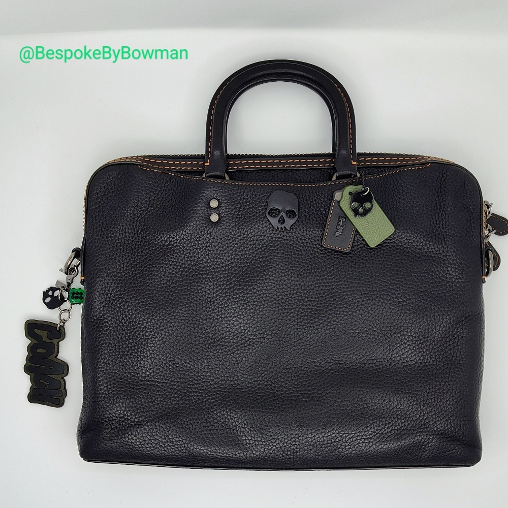 Coach Rogue Slim Briefcase -One of Kind Custom Upcycled Bag with Skulls. Black - Picture 3 of 16